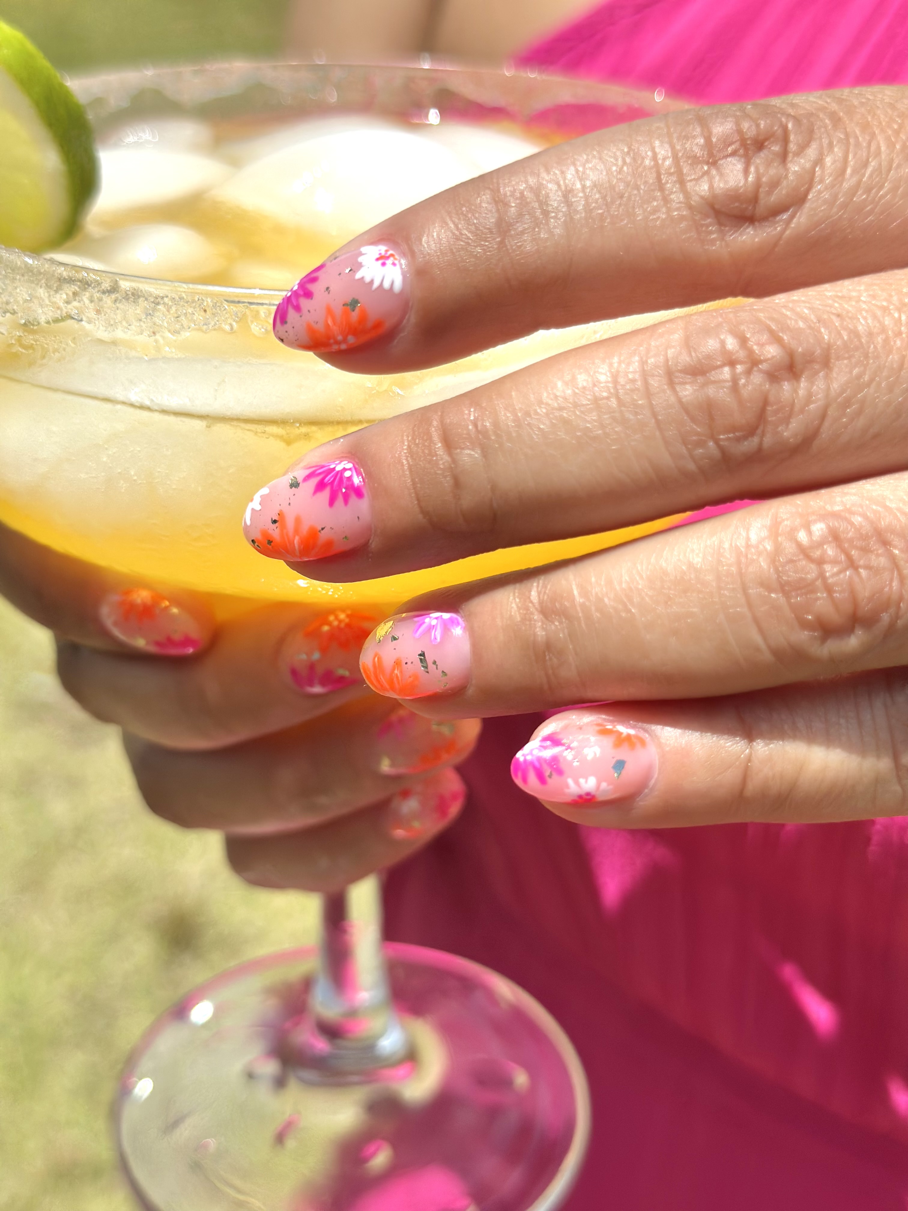 Pink flower nail art.